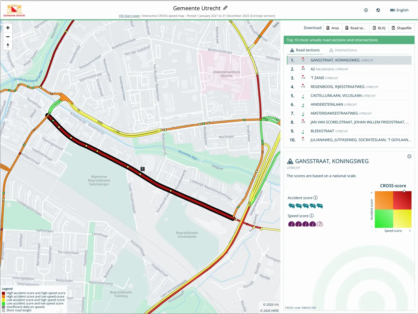 Figure 4: The CROSS map with selected road sections from the Top 10.