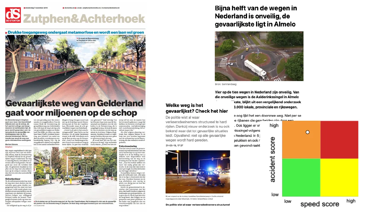 Figure 4: media articles about the impact of CROSS including an example of how this renewed view on safety has led to a concrete measure; the headline of the newspaper articles reports: "The most dangerous road in (province) Gelderland is being overhauled for millions". Dutch news items next to the CROSS matrix of accident score versus speed score.