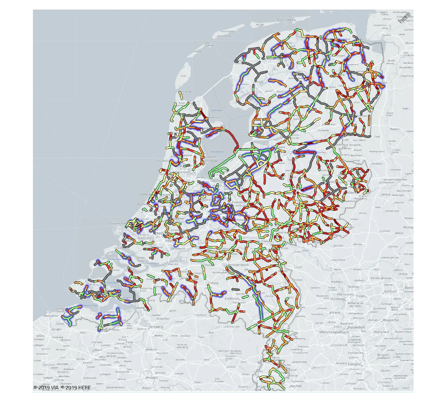 Verkeersveiligheidskaart van Nederland met de provinciale wegen per traject ingekleurd naar CROSS-prioriteit
